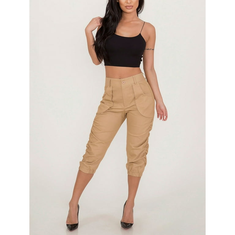 Hip Hop Women's Casual Draped Pants High Waist Pockets 3/4 Cargo Jogger  Slim Military Trousers 