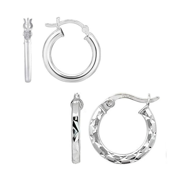 LeCalla 925 Sterling Silver Light-Weight Plain Classic and Diamond-Cut Small Hoop Earring Jewelry for Women and Teen Set of 2 Pair 15MM