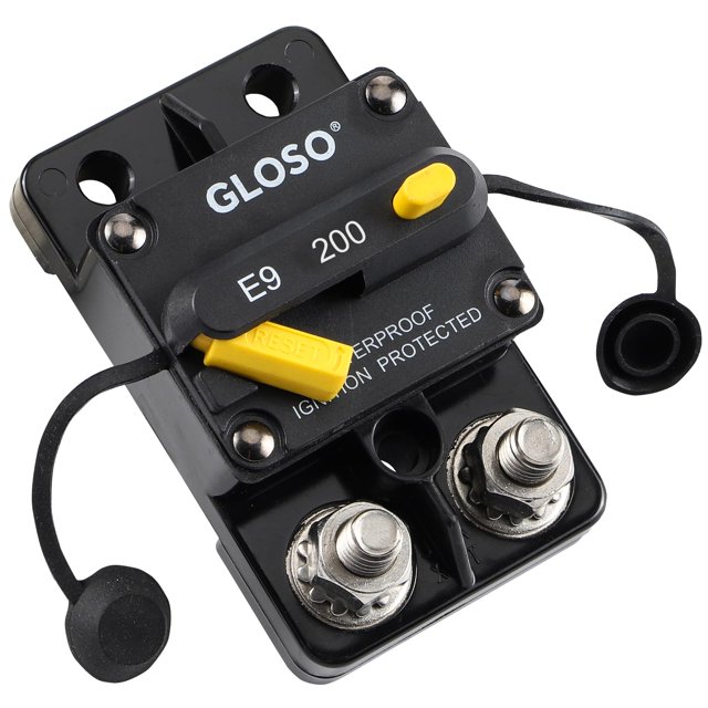 GLOSO Circuit Breaker E9C 200A Waterproof Auto Rese Breaker for Car Truck RV Automotive Marine Boat Trolling Motor & Custom Wiring Audio Battery Protection Side by Side Stud IP67 Hi-Amp (200A)