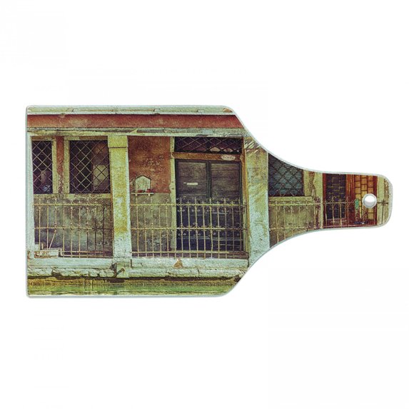 Venice Cutting Board, Desolated Aged Timeworn Italian Building and Water Canal Vintage Historical, Tempered Glass Cutting and Serving Board, Wine Bottle Shape, Orange Brown Green, by Ambesonne