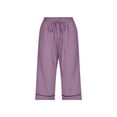 thumbnail image 4 of LIIPEE Women Pants Casual Solid Color Straight Leg Drawstring Linen Knee Length Pants With Pockets Ladies Comfortable Breathable Soft Daily Trousers,Light Purple,L, 4 of 4