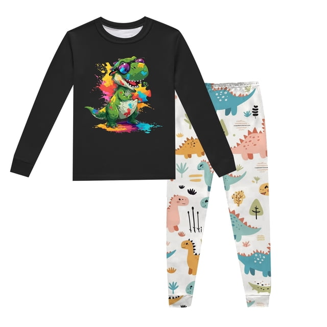 Pyjama Garçon Bébé Imprimé Dinosaure Col Rond Manches Longues Haut Pantalon 2 Pcs Printemps Automne Ensemble Pyjama Tout-Petit Noir 3 Ans-4 Ans
