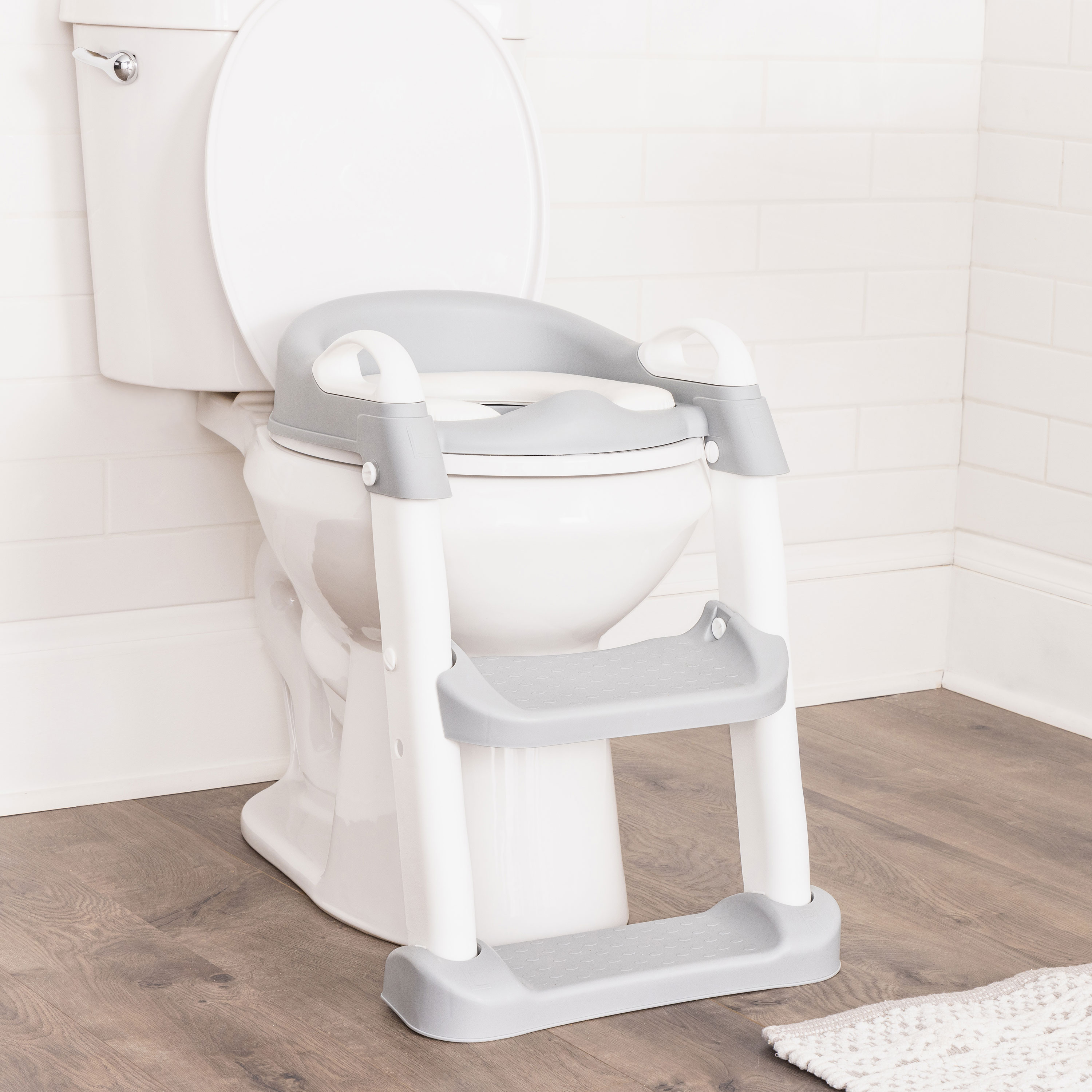 Regalo Toddler Potty Trainer Seat with Steps & Handles, Padded Contoured Seat, White/Gray, Ages 2–5