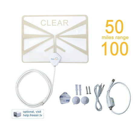 Clear HDTV Indoor Antenna by FreeAir.tv with Dual Band / VHF / UHF / Multi-directional / USB Power Supply / Detachable Cable – Super Thin, Amplified with 50-100 Miles Range and TV (Best Dual Band Ht Antenna)
