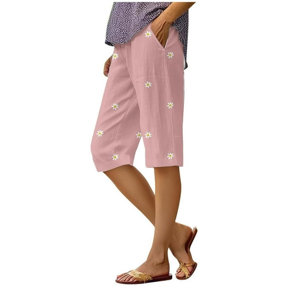 Zszcpp High Waisted Shorts Women Comfort Cotton Floral Breathable Knee Length Fresh Vogue Linen Thin Print Trousers Casual Trouser