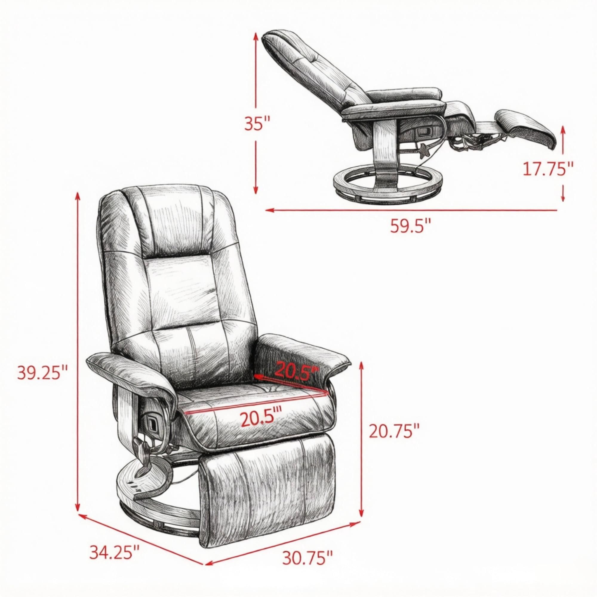 Black Manual Swivel Faux Leather Lounge Chair with Footrest and Armrest