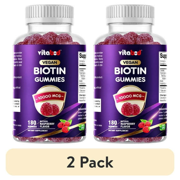 (2 pack) VITABOD Biotin Gummies 10000mcg for Healthy Hair, Skin & Nails Growth Vitamins for Women, Men & Kids - Vegan, Non-GMO, Hair Growth Supplement 180 Gummies