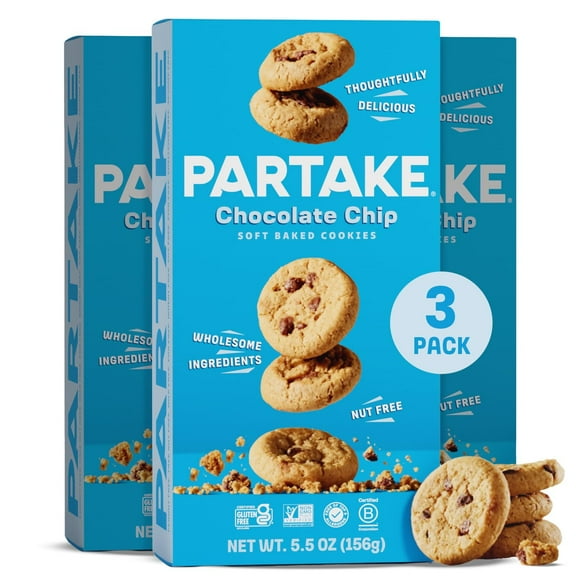 Gluten Free Partake Crunchy Soft Baked Chocolate Chip Cookies - Vegan - Free From the Top 9 Allergens - Non GMO - Safe School & Office Snack (3 Pack, 5.5oz Boxes)