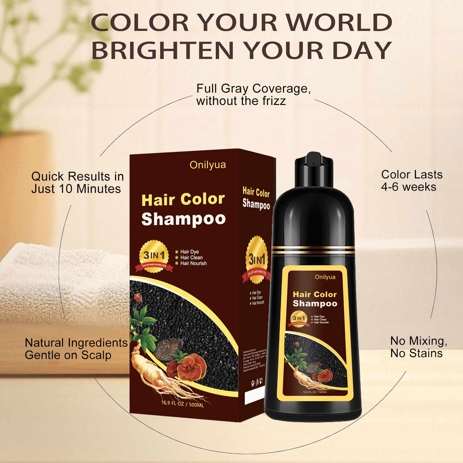 Hair Dye Shampoo Dark Brown, , Natural 3 in 1 Hair Color Shampoo Lasts 4 Weeks, Easy Application Shampoo Para Canas for Women Men 16.9 Fl Oz