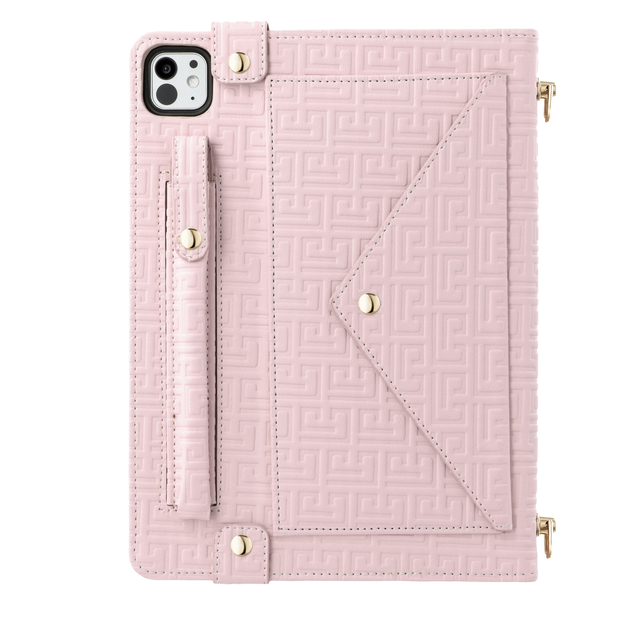 Dteck Case for iPad Pro 13" (M4) 2024, Slim 3D Embossed PU Leather Business Protective Case with Pencil Holder Envelope Pocket Hand Strap Holder Crossbody iPad Case for iPad Pro 13-inch 2024,Pink