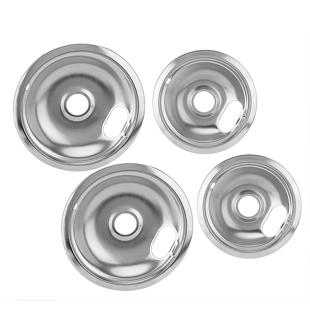 4 Pcs Stove Burner Drip Pans Chrome Replacement for Whirlpool Amana Maytag Magic-Chef Kenmore GE Electric Range  2 x 6" 2 x 8"