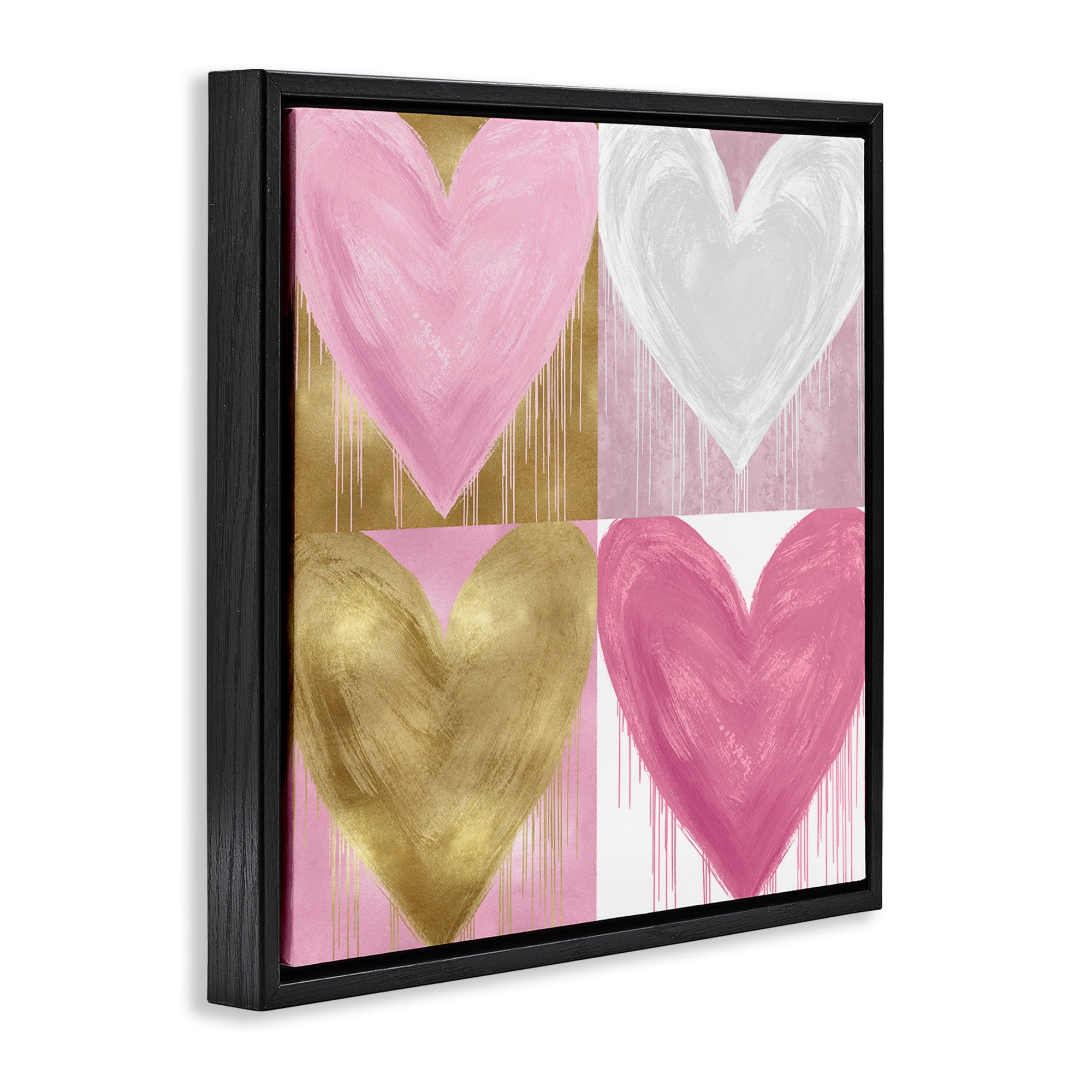 Stupell Industries Pink & Gold Glam Hearts Art for Kids Painting Black Floater Framed Canvas Art Print Wall Art, 25 x 25