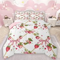 Manfei Cute Bow Knot Full Size Comforter Sets,Sweet Strawberry Bedding Comforter Set,White Red Pink Bedding Sets For Girl Teens,Ultra Soft Home Decor Reversible,3pcs