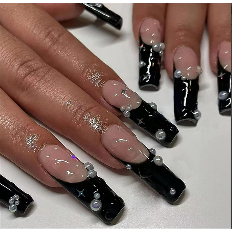 24 french manicure nails, black nails, short coffin nails, silver gold  glitter