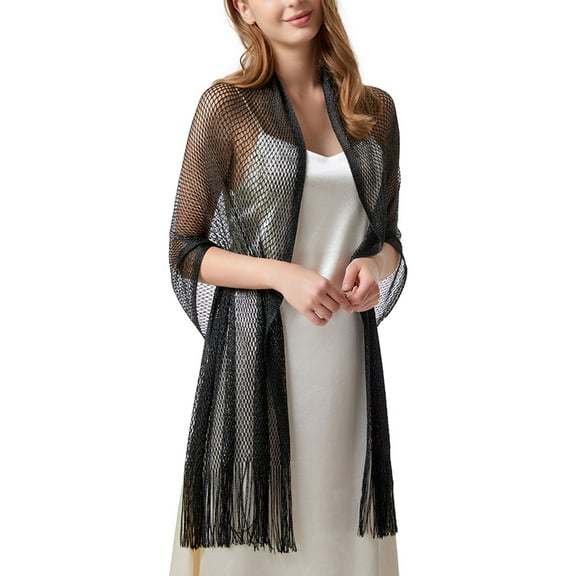 SWSMCLT Women's See Through Fringe for Wedding Shawl Wraps Shrug Scarf Top Metallic Blouse Beach Summer Black One Size