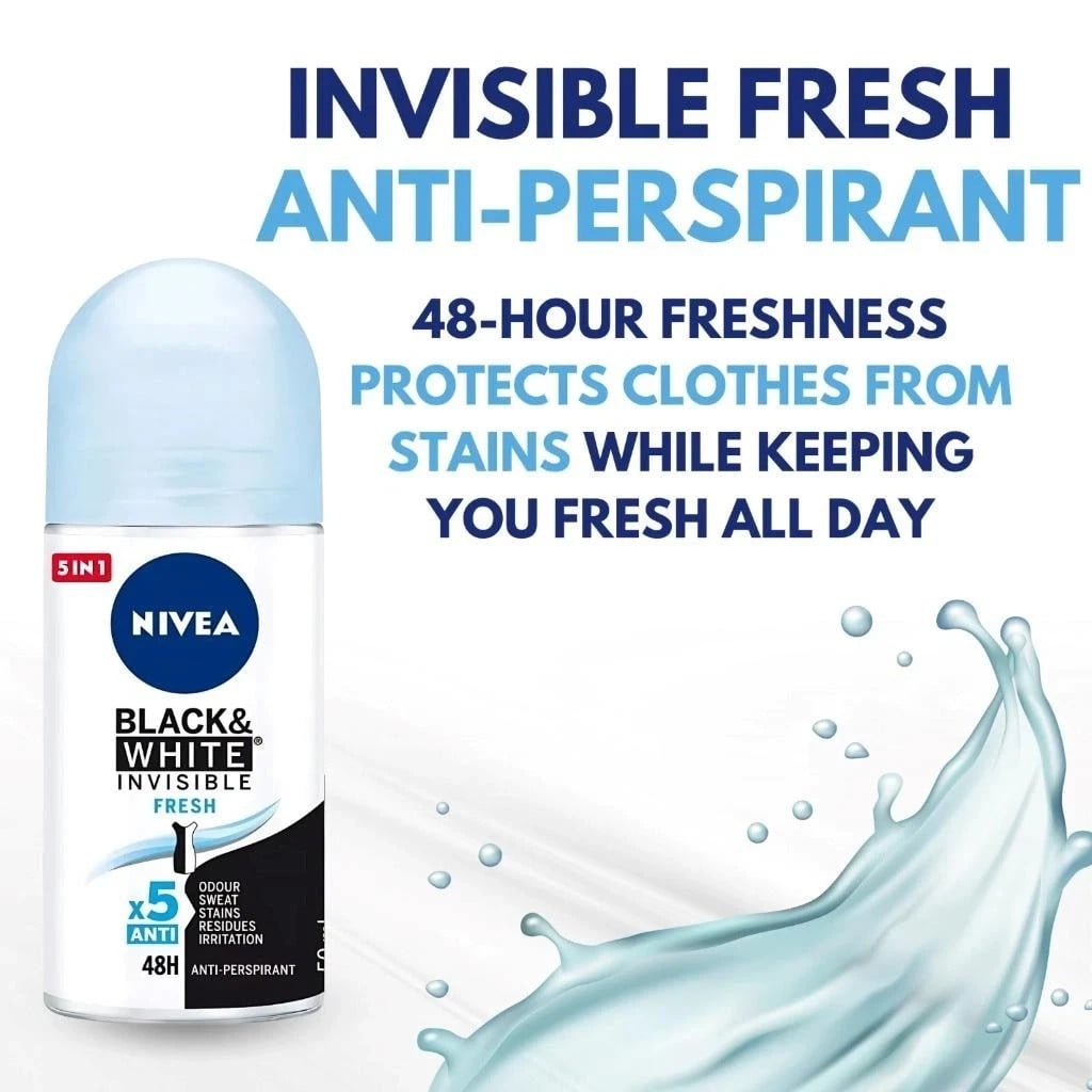 Nivea Deodorant for Women Black & White Invisible Fresh Roll On-50 ml Pack Of 12