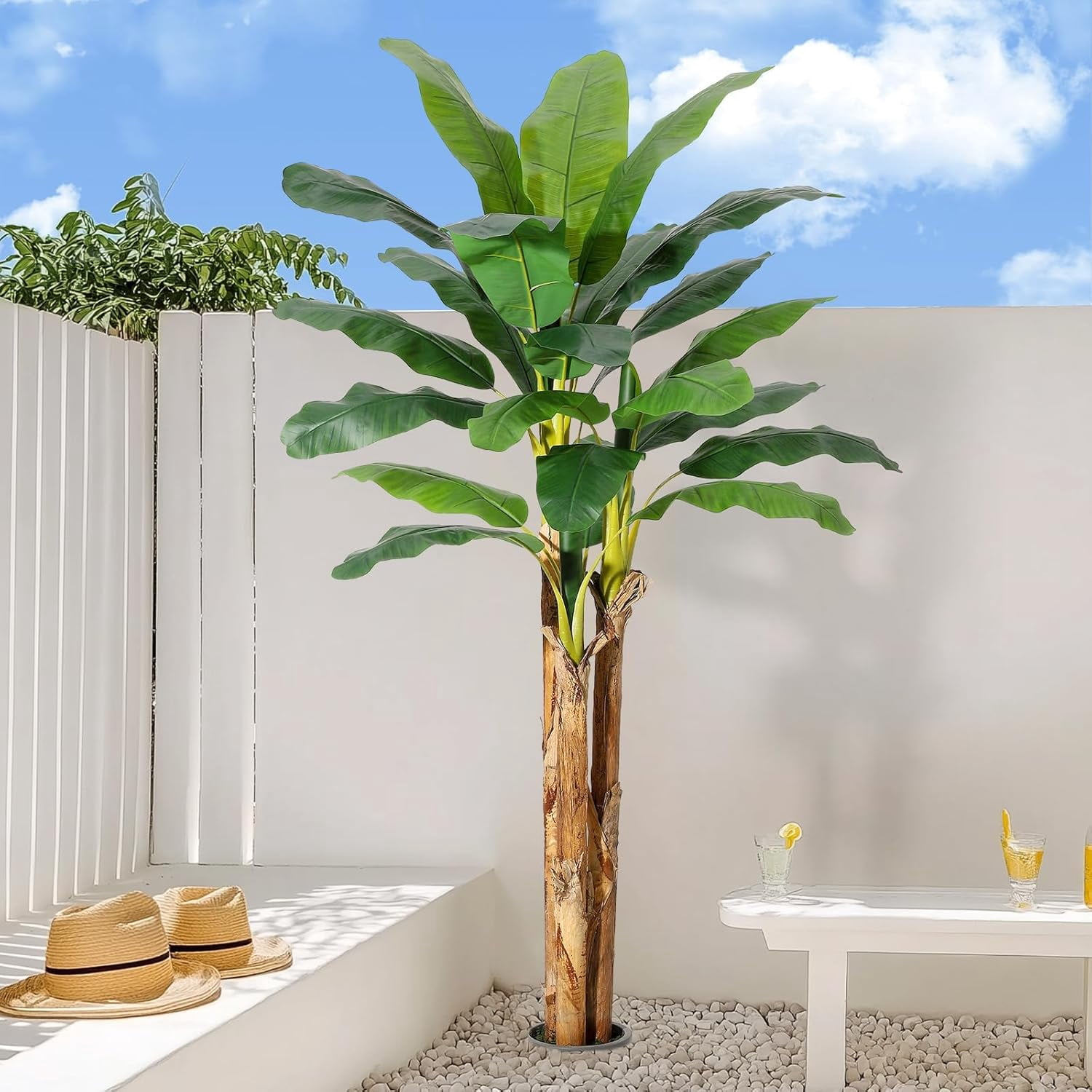 ChaoLink 5FT Artificial Banana Tree with Grey Planter, 11 Faux Banana Leaves, Indoor Plant Decor