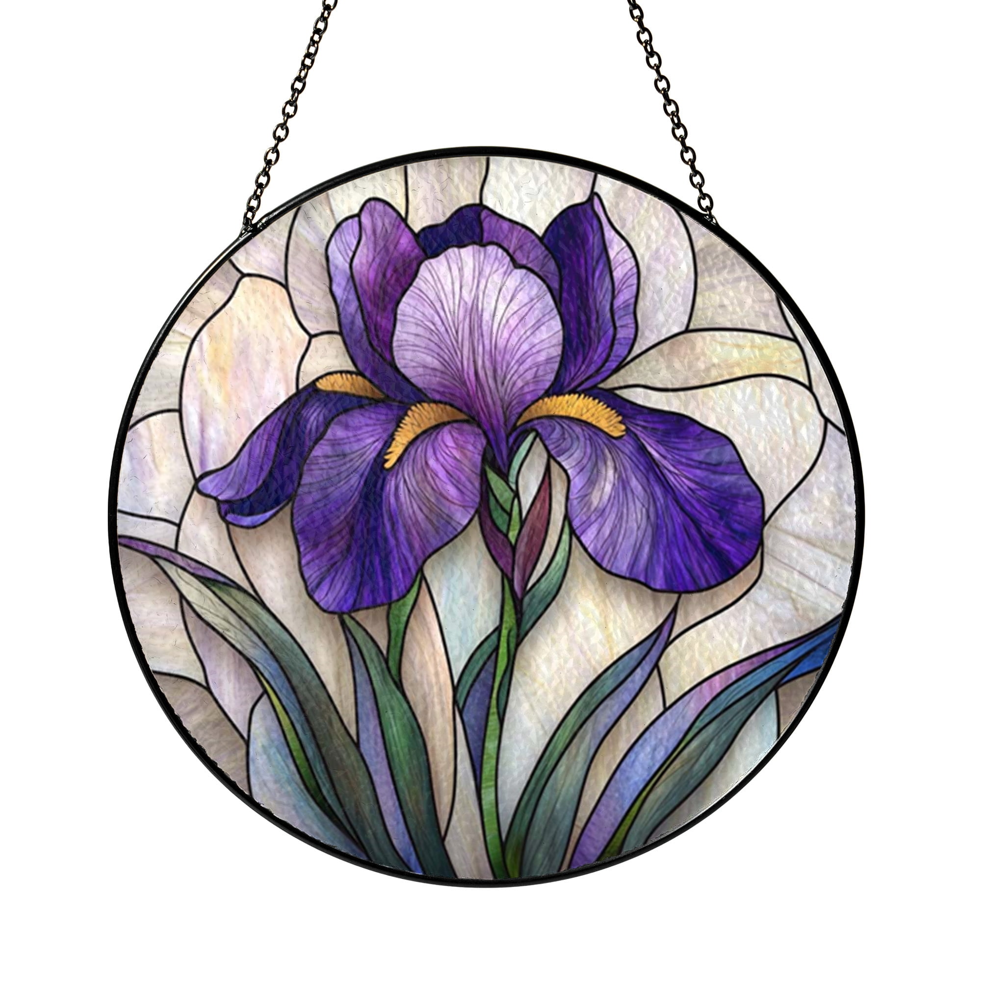 Botanical Iris Stained Glass Suncatcher – Floral Window Art Decoration