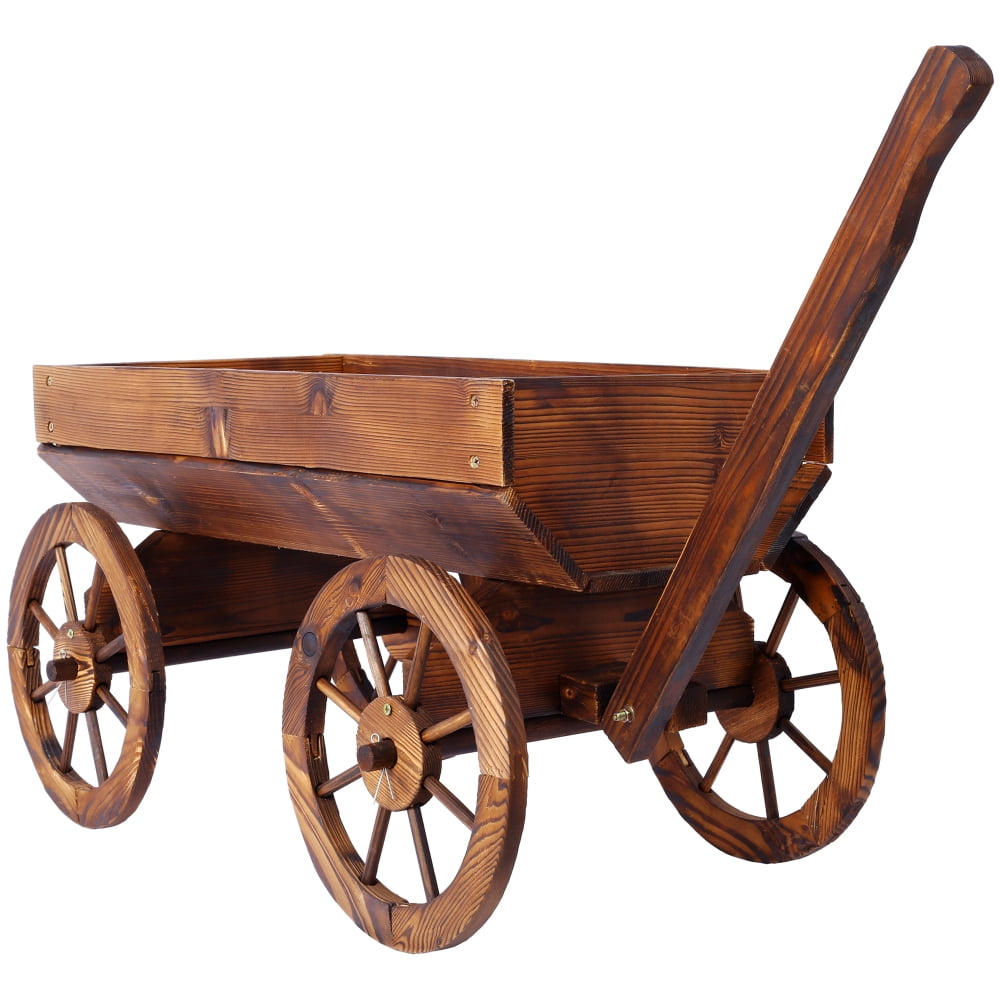 Rustic Wood Wagon Planter with Wheels - Mobile Flower Pot Stand for Garden, Patio & Outdoor Decor, Easy-Rolling Plant Cart