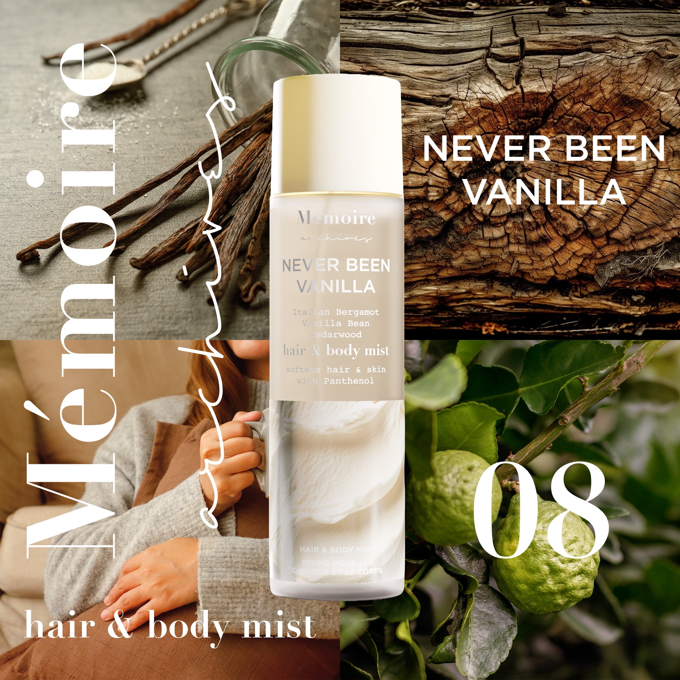 Mémoire Archives Never Been Vanilla Hair & Body Mist, Vanilla Gourmand Fragrance with Bergamot & Cedarwood, Hydrating Hair & Body Spray, 8 oz