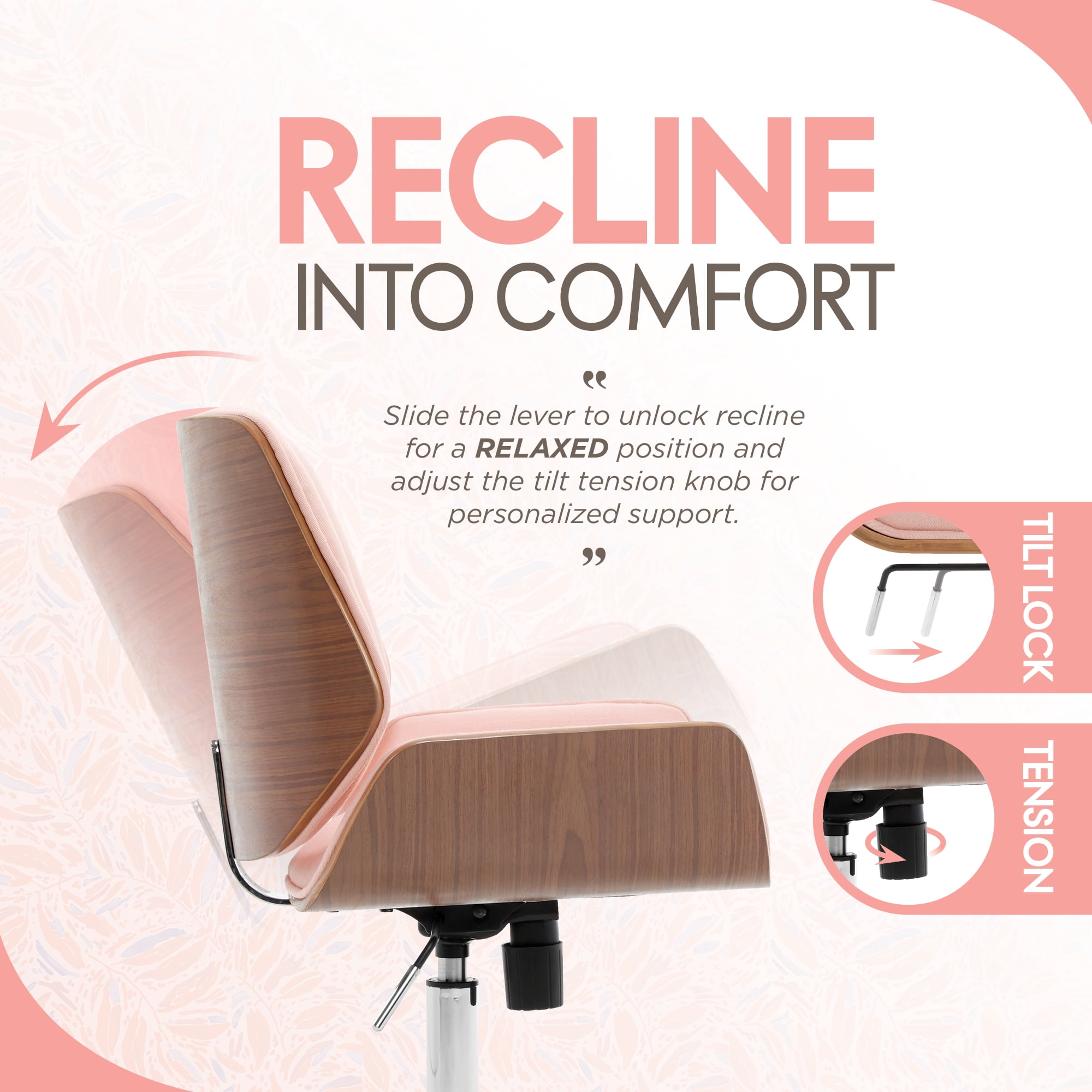 Elle Decor Ophelia Office Chair, Curved Bentwood Low-Back and Seat, Chrome Swivel Base, Woven Fabric, Blush Pink