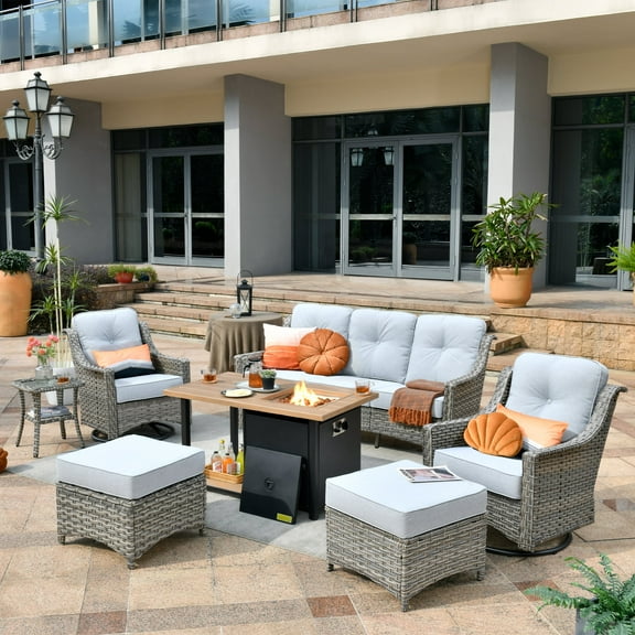 XIZZI 7 Piece Outdoor Furniture Sofa Set Wicker Rattan Patio Conversation Set with Swivel Rocking Chair and Fire Pit Table,Grey