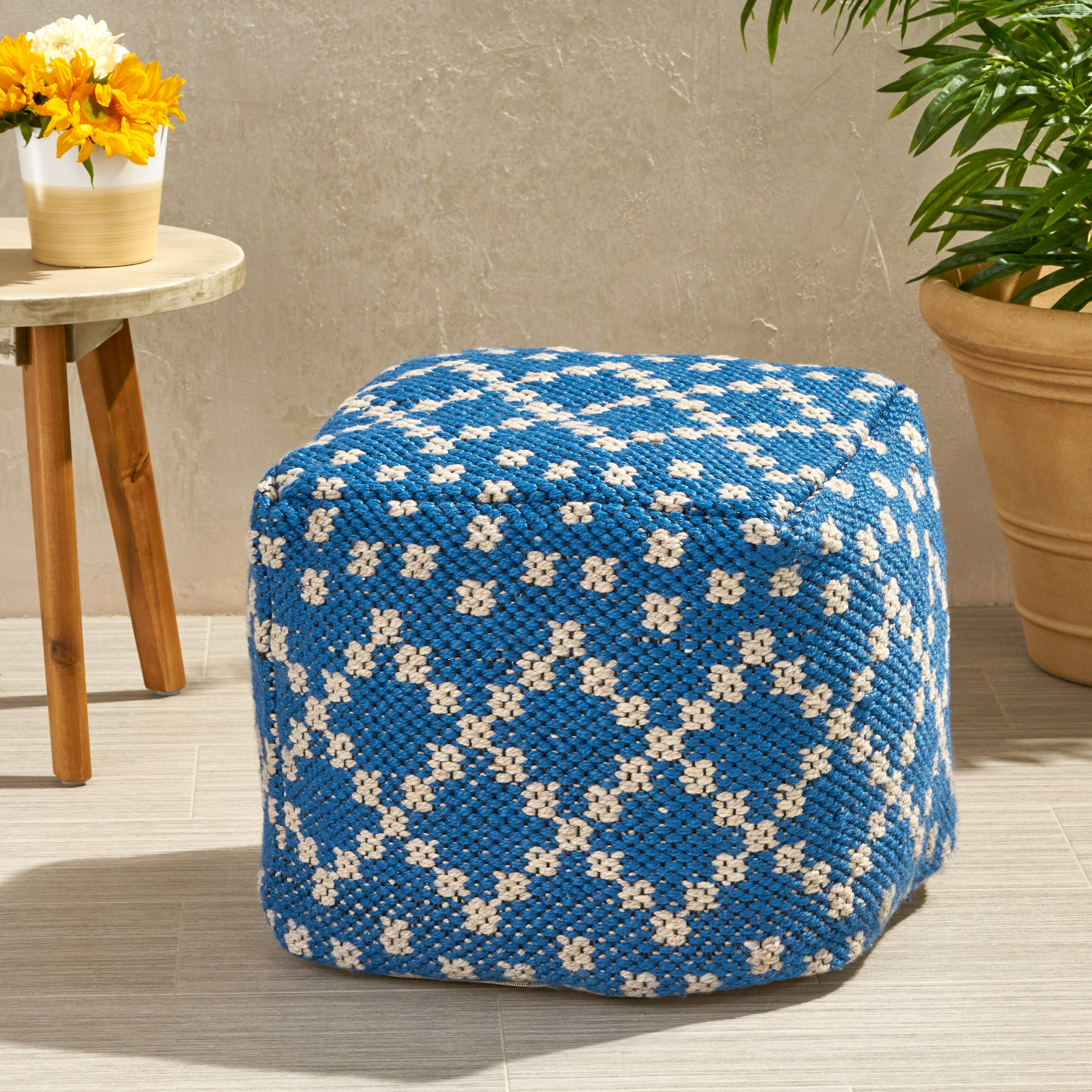 Ophelia Outdoor Handcrafted Boho Fabric Cube Pouf, Blue and White - image 2 of 6