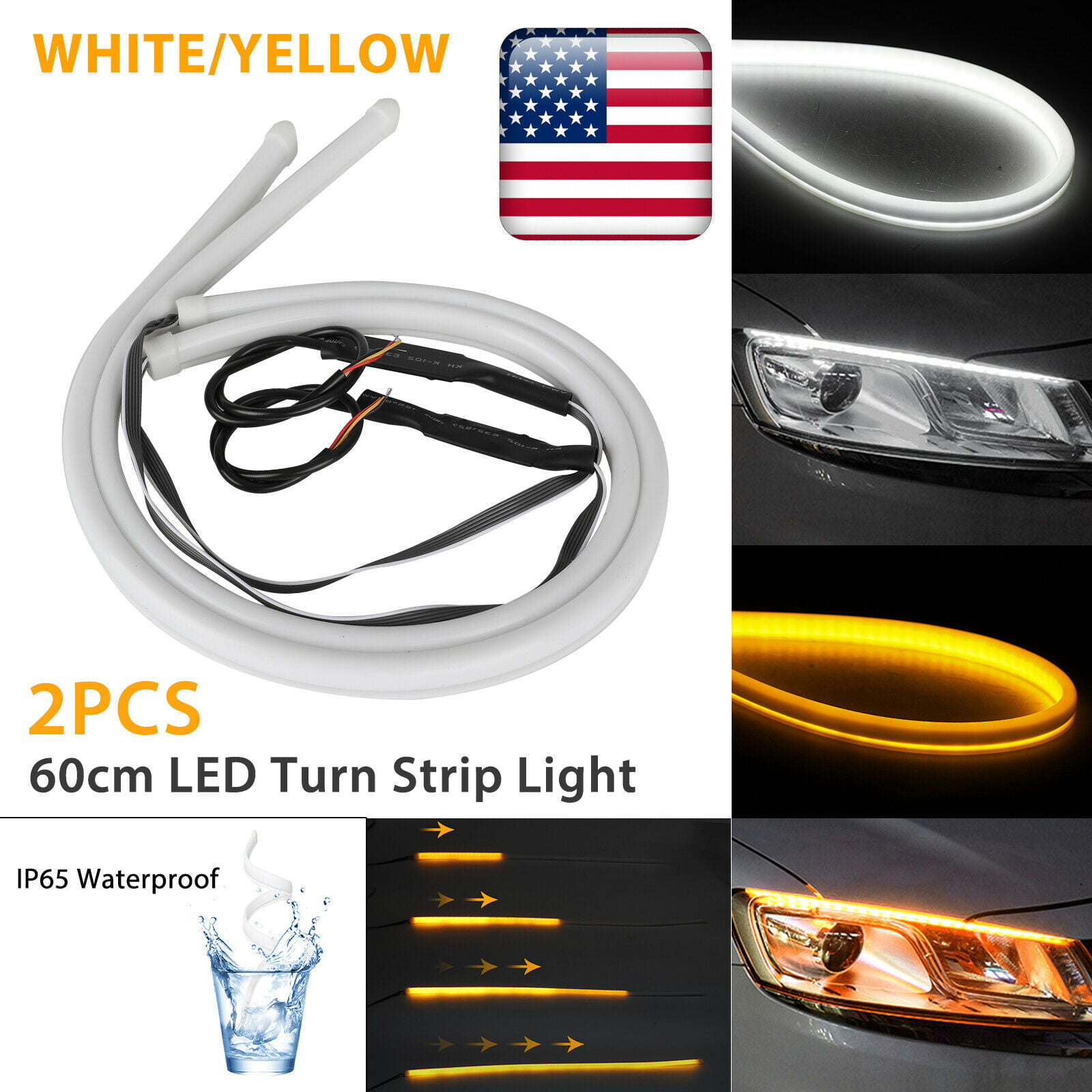 Flowing turn signal light 2x 60cm White+Amber DRL Driving Daytime Running Light 