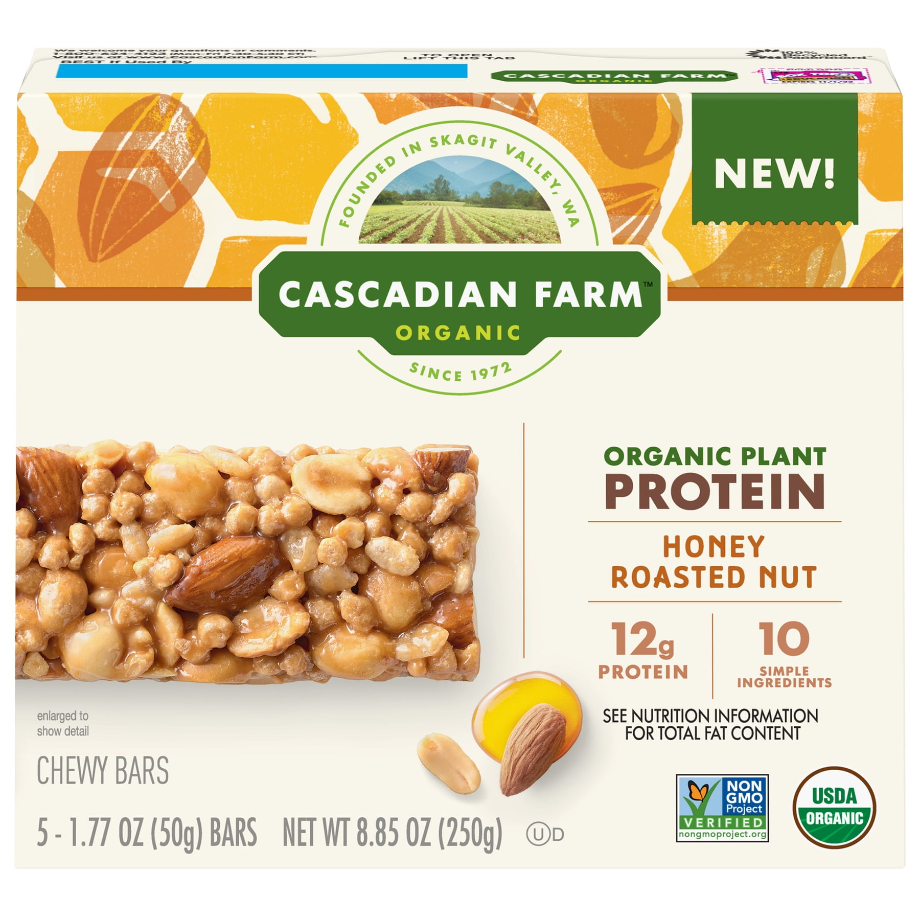 Cascadian Farm Granola Bar - Organic - Protein - Honey Roasted Nut - 8. ...