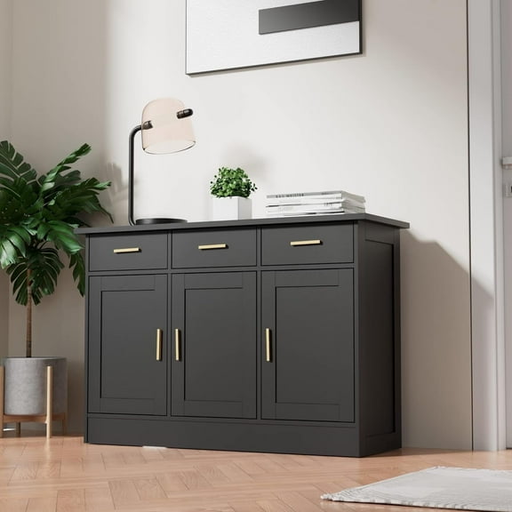 Cozy Castle Black Kitchen Buffet Cabinet, Black Kitchen Storage Cabinet with 3 Doors and 3 Drawers, Black Buffet Sideborad for Dining Room, Dining Room, Kitchen