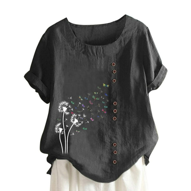 Blusa informal de cuello redondo para mujer, blusa suelta con estampado de manga corta Pompotops hfajkhk129162