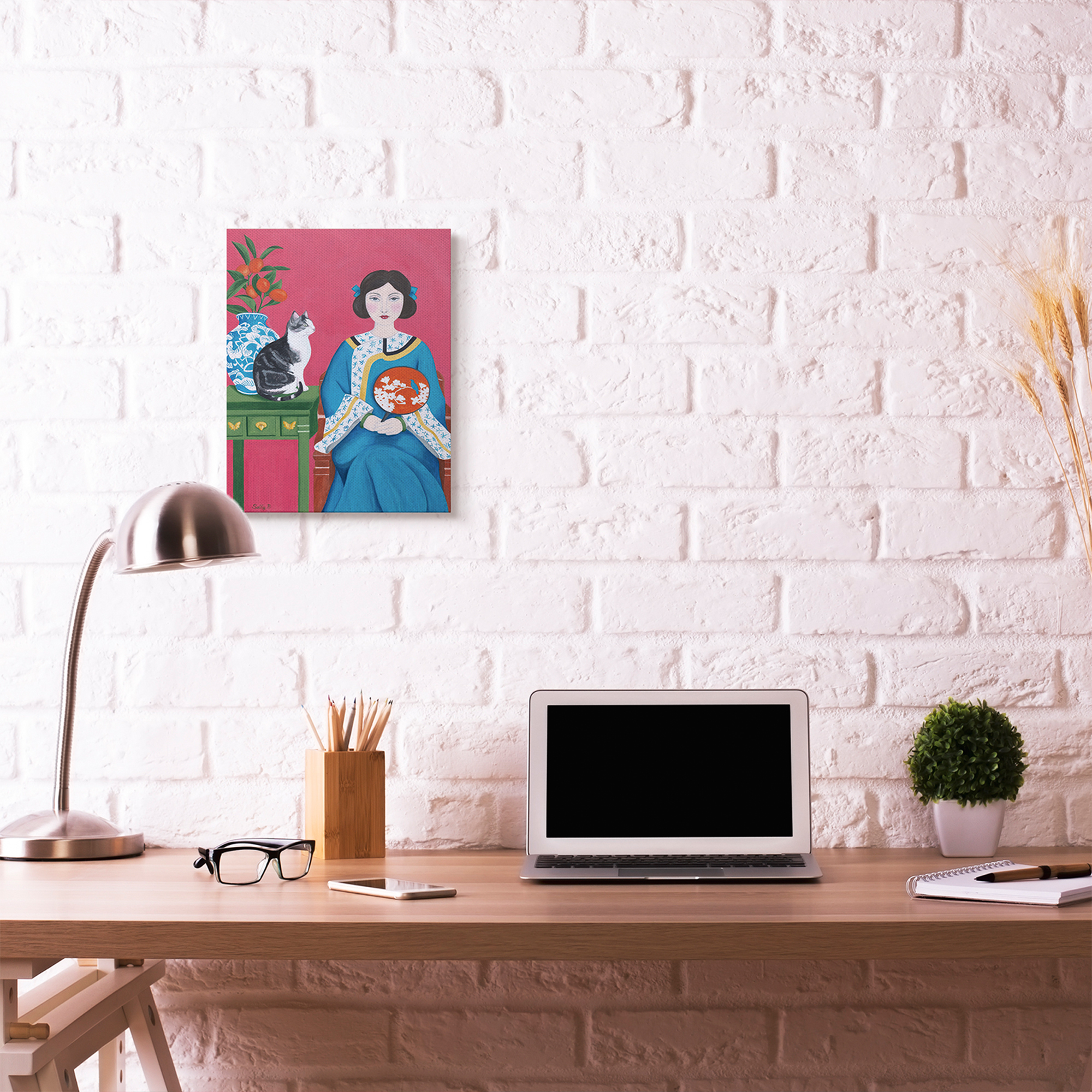 Stupell Home Décor Chinese Woman and Cat Red Green Blue Painting Canvas Wall Art by Sally B