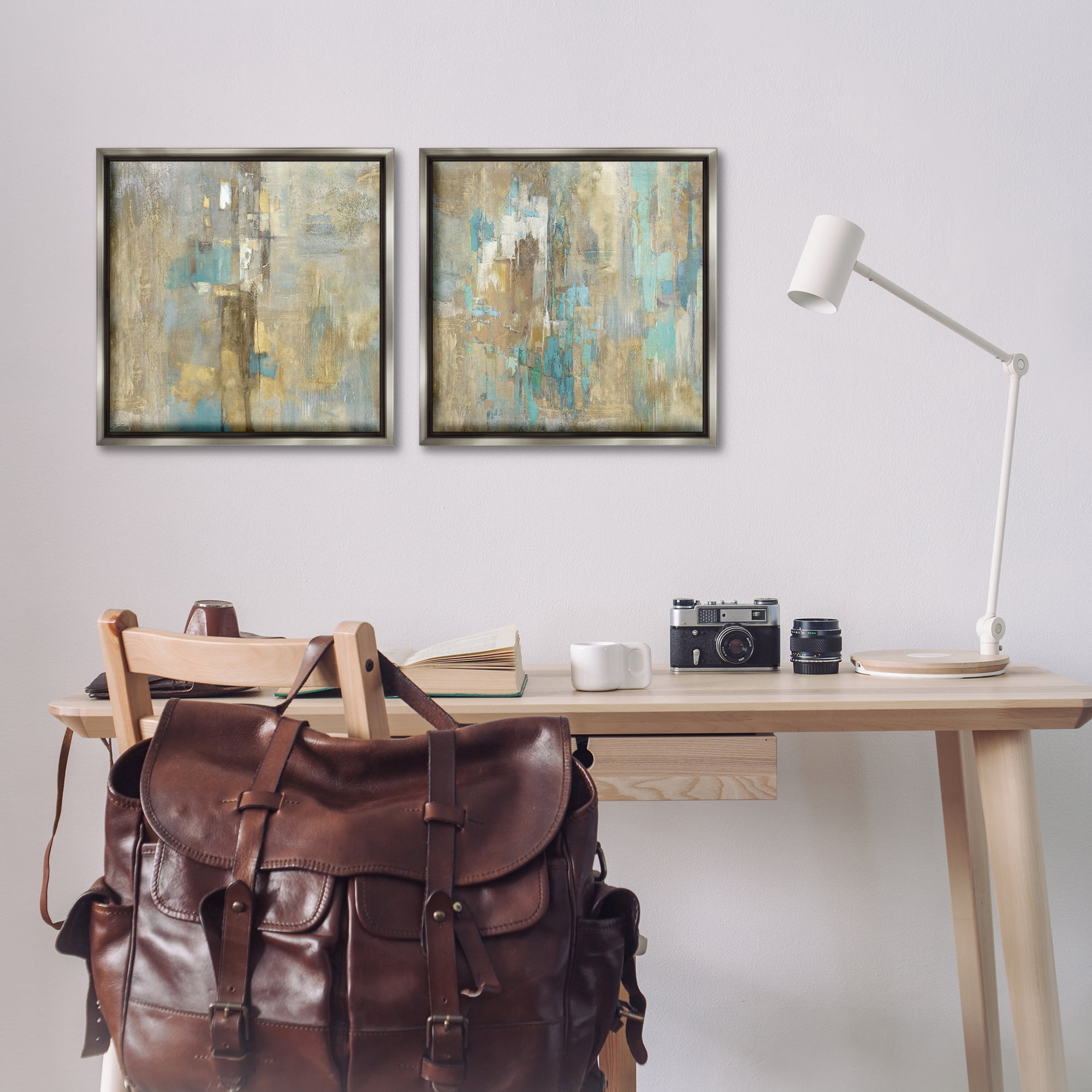 Stupell Industries Blue & Rustic Gold Composition Plants & Flowers Painting Gray Floater Framed Canvas Art Print Wall Art, 18 x 18, Set of 2