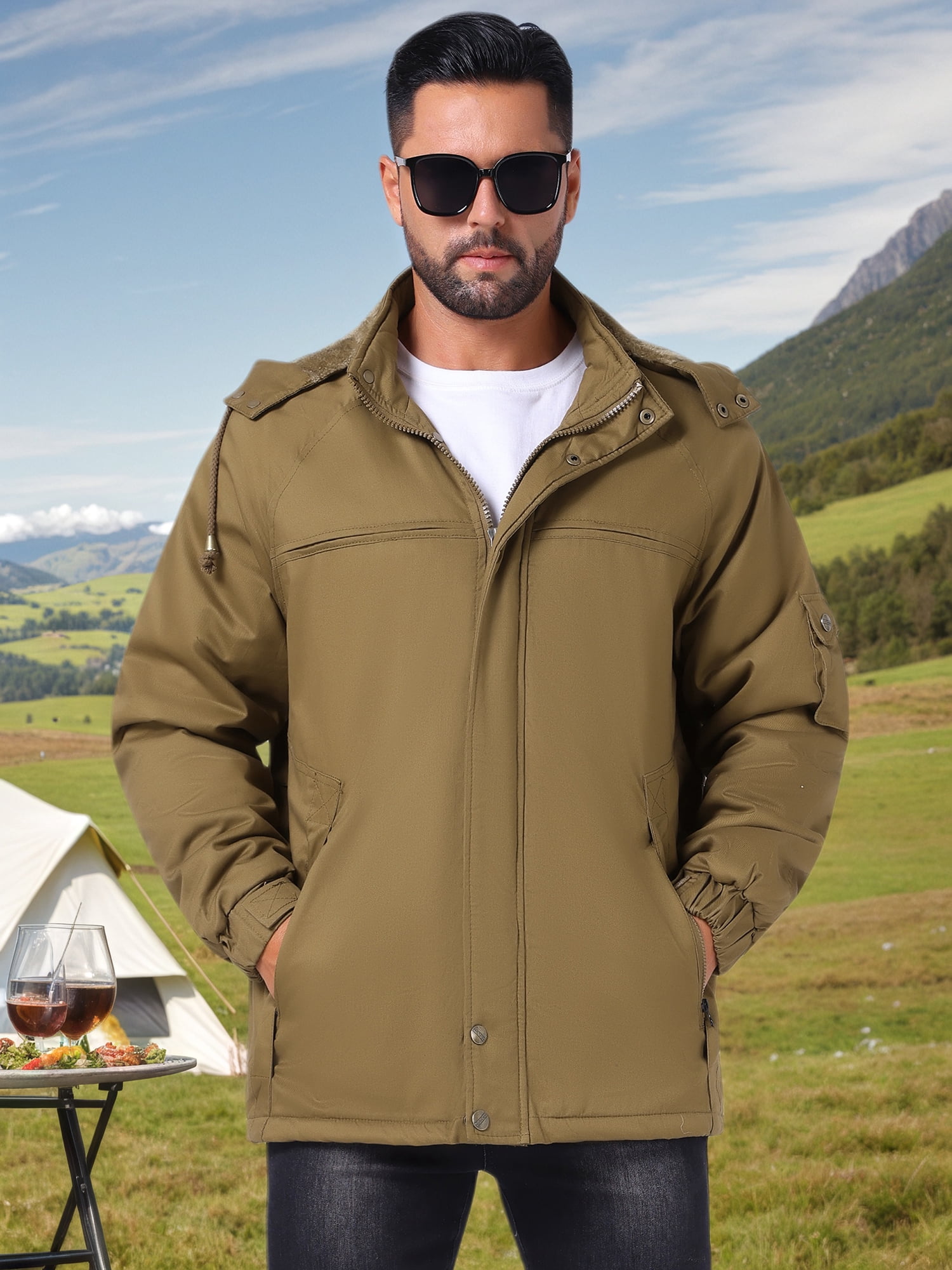 DARING DIVA Men's Winter Warm Fleece Lined Thicken Hooded Work Parka Jacket M Khaki