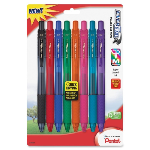 Pentel EnerGel-X Gel Pen, 0.7mm Med. Metal Tip, Asst Ink, 8-Pk