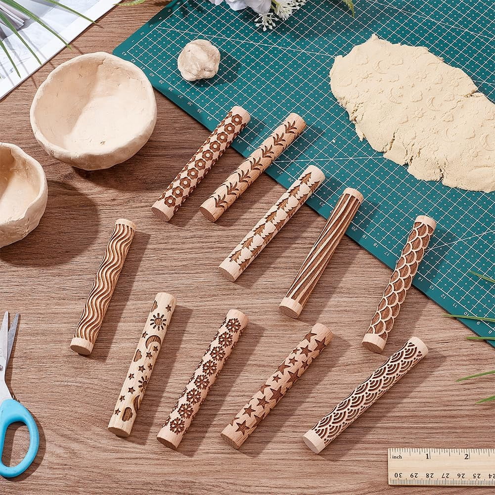 10Pcs Wooden Clay Texture Rollers Set for Pottery 10 Styles Ceramics Potters Stamp Roller Tools 102mm Textured Rolling Pins Modeling Pattern Rollers Kit for DIY Handmade Art Supplies Colorful