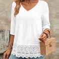 thumbnail image 4 of Mifsaly Womens V Neck Blouse Pintuck Front Lace Crochet Hem 3/4 Sleeve Summer Tops Casual Loose Fit Breathable Vacation Fashion Chiffon Shirt L, 4 of 9
