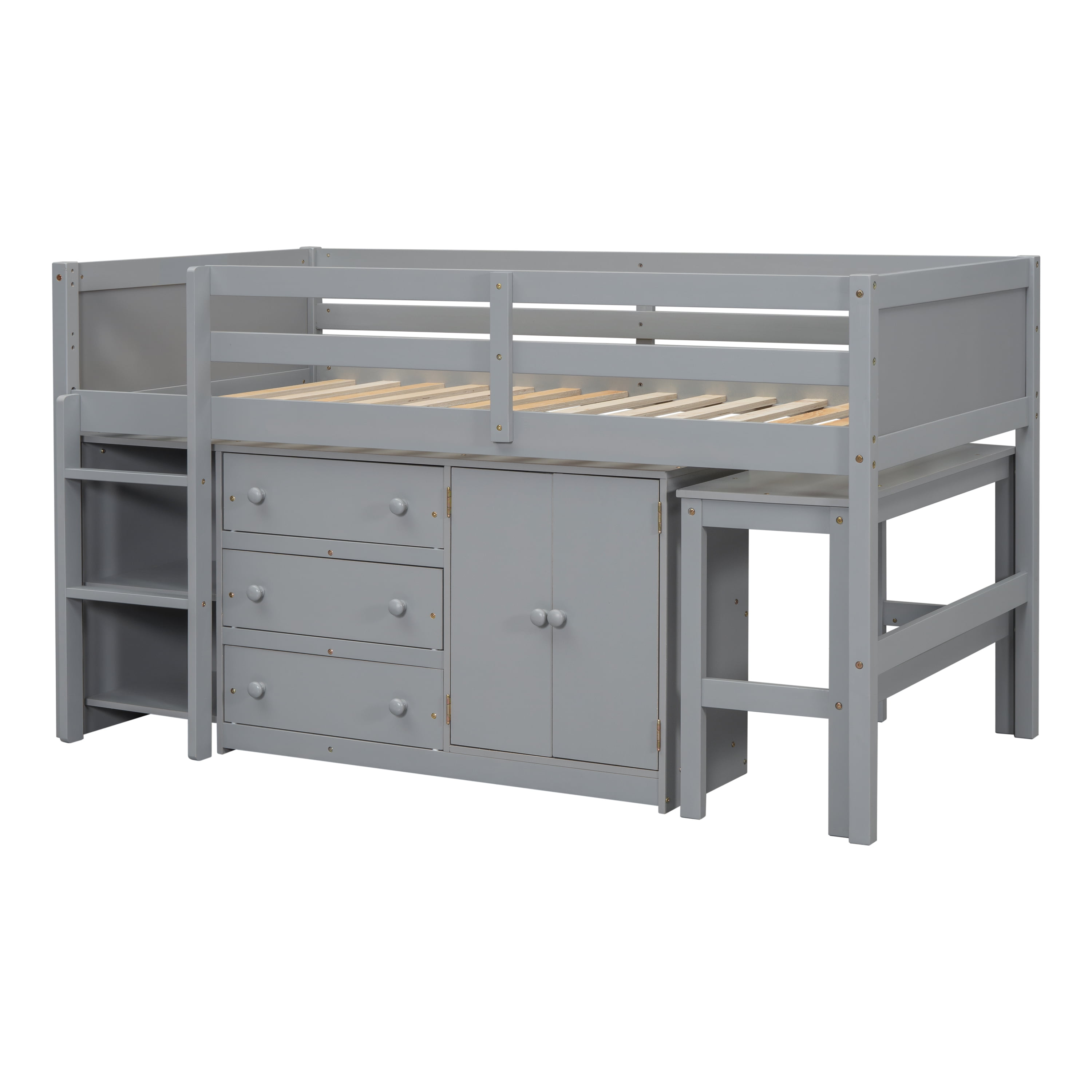 Euroco Wood Twin Size Loft Bed Frame with Drawers, Portable Desk and Shelves for Kids