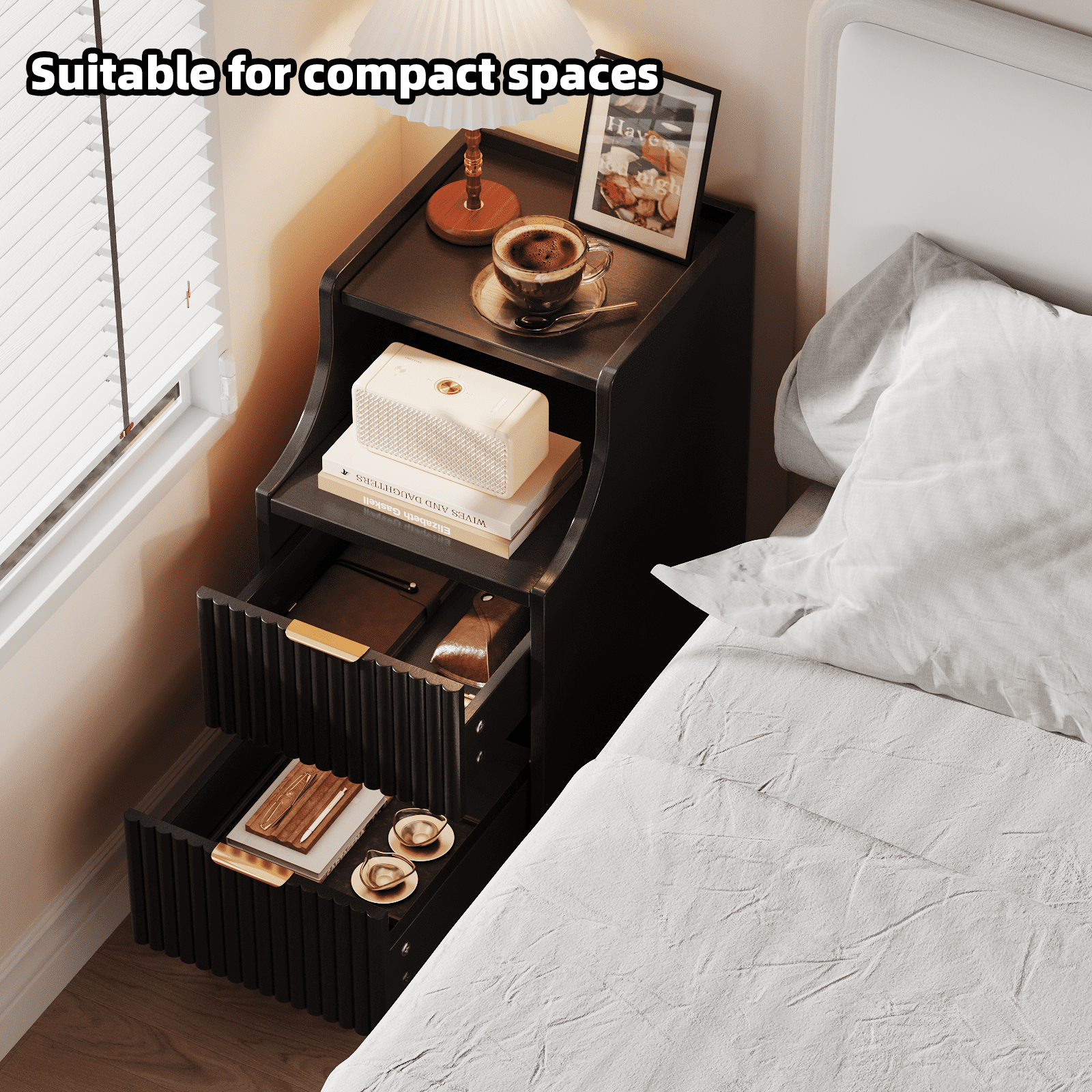UGTOO -Set of 2 Modern Black Nightstands with Drawer and Storage Shelf, End Tables for Bedroom and Living Room, Easy Assembly