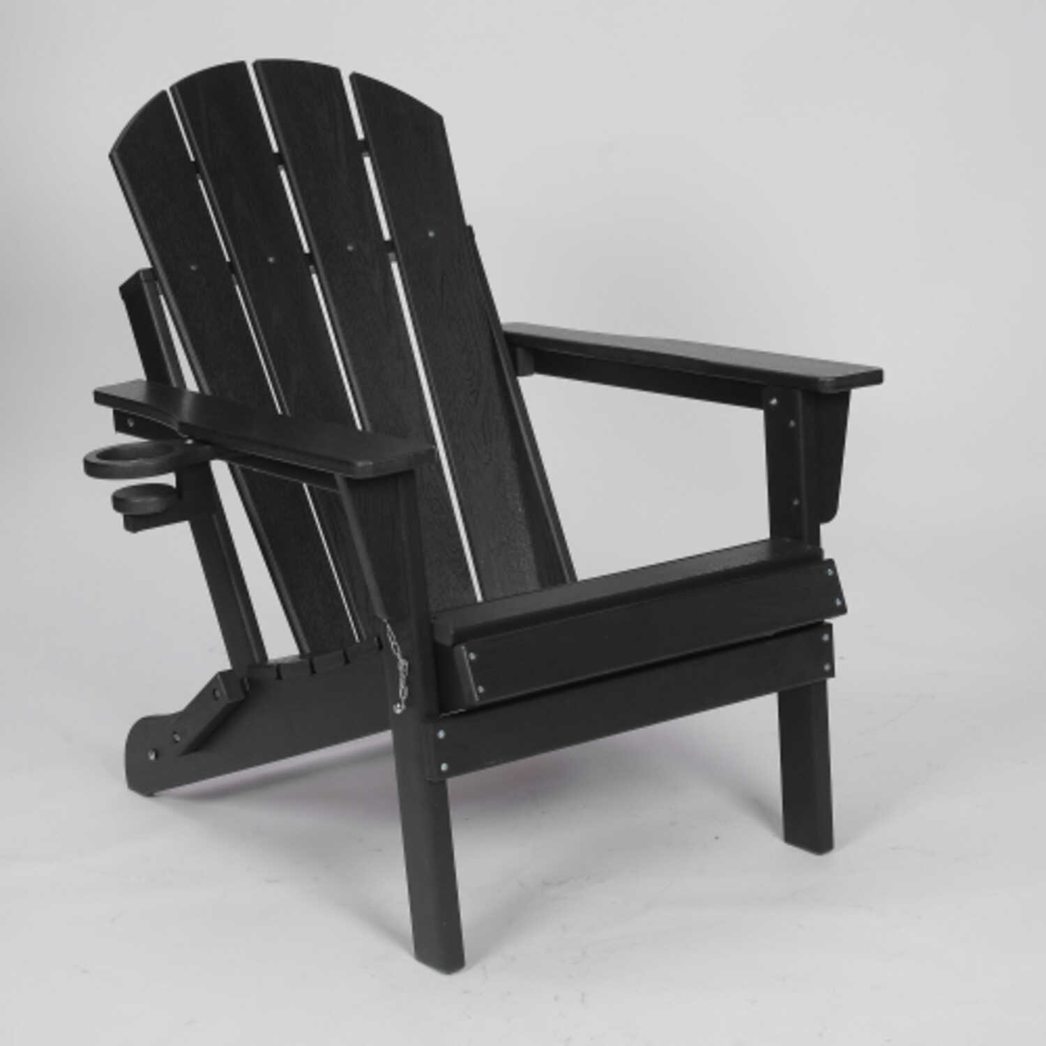 Black HDPE Folding Adirondack Chair with Wood Texture Composite Material and Built in Dual Cup Holders