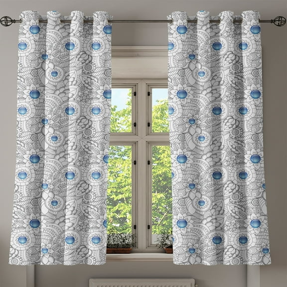 Ambesonne Floral Grommet Curtain, Flowers with Blue Dots, 50" x 54", Black White Blue