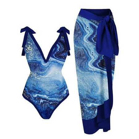One Piece Tummy Control Swimsuit for Women with Cover Ups Two Pieces Push Up Bathing Suits High Cut Vintage Swimwear Navy M Clearance