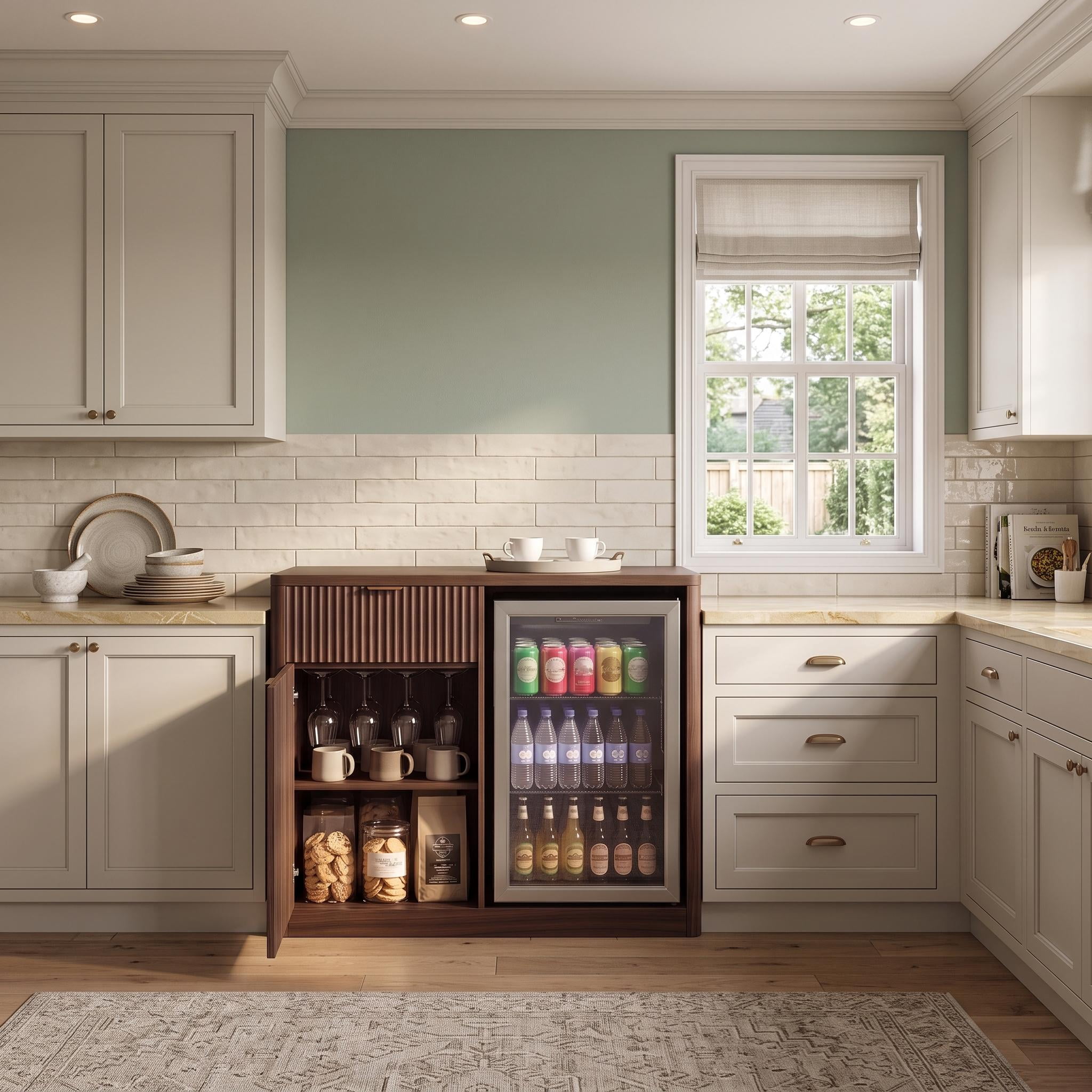 Homy Casa 39.4" Fluted Kitchen Island with Mini Fridge Space, Power Outlet and Storage, Dark Walnut