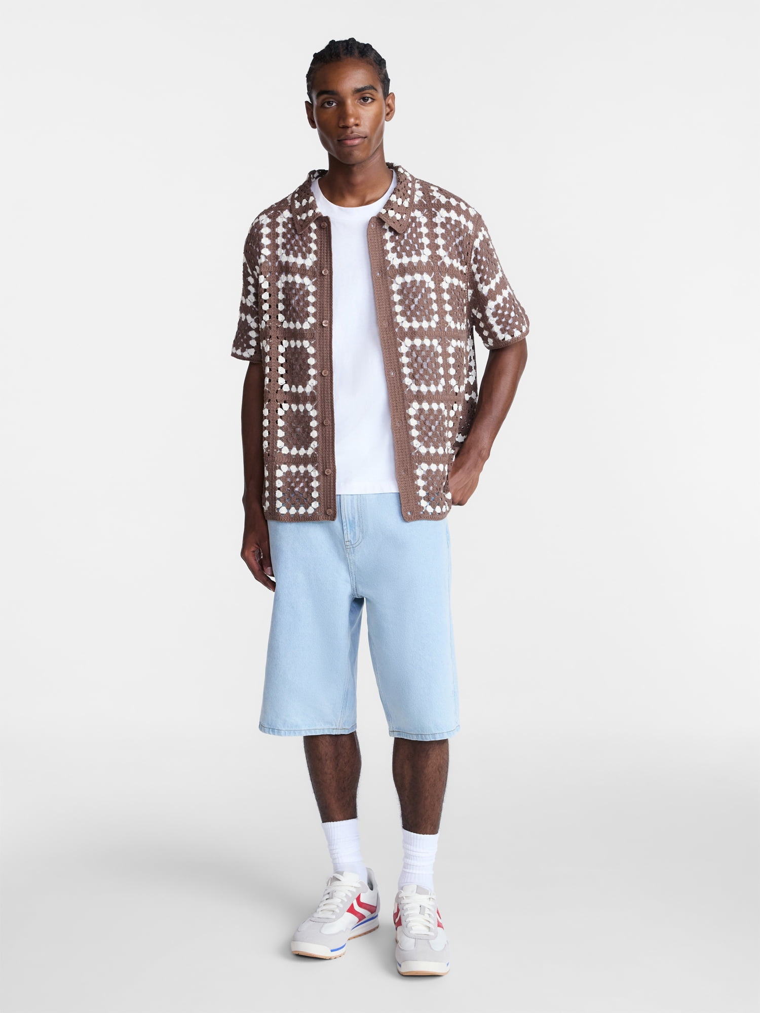 No Boundaries Men's Faux Crochet Pattern Boxy Fit Button Through Sweater Polo, Sizes XS-3XL