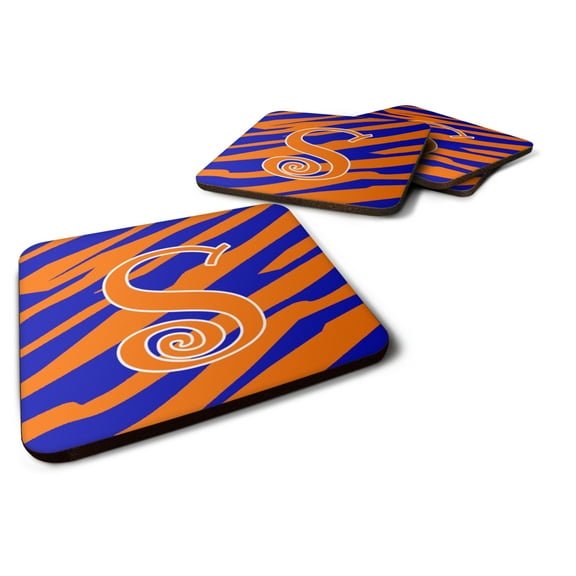 Letter S Initial Tiger Stripe Blue and Orange Foam Coaster Set of 4