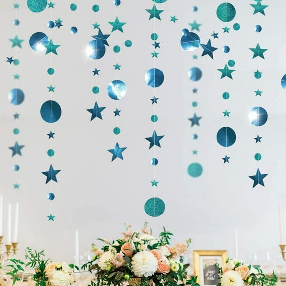 Cheerland Glitter Teal Blue Star Circle Garland Blue Party Decorations Hanging Dot Banner, 39 ft