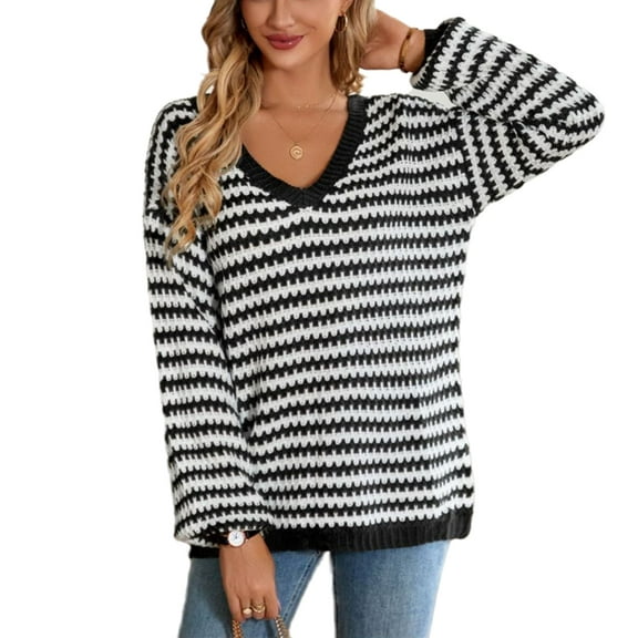 Geometric Striped Pattern Drop Shoulder Knit Sweater for Women Black Large