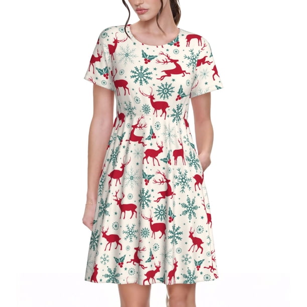 Easygdp Vintage Christmas Reindeer para Vestido Transpirable de Mujer, Vestido Suelto de Manga Corta con Pliegues y Bolsillos para el Verano