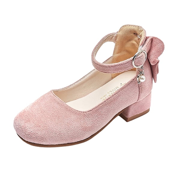DMDUOU Girl's Mary Jane Shoes Chunky Block Heel Round Toe Office Work Church Pumps Suede Bow Ankle Buckle Strap Breathable Comfortable Shoes Pink 8-8.5Years