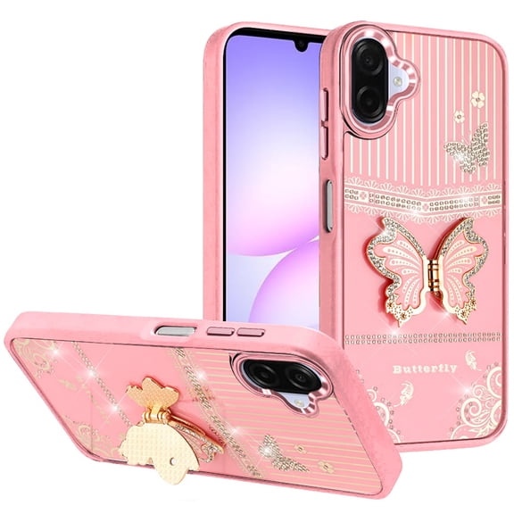 For Samsung Galaxy A07 Splendid Glitter Butterfly Design Stand with Metallic Edges Hybrid Case - Light Pink